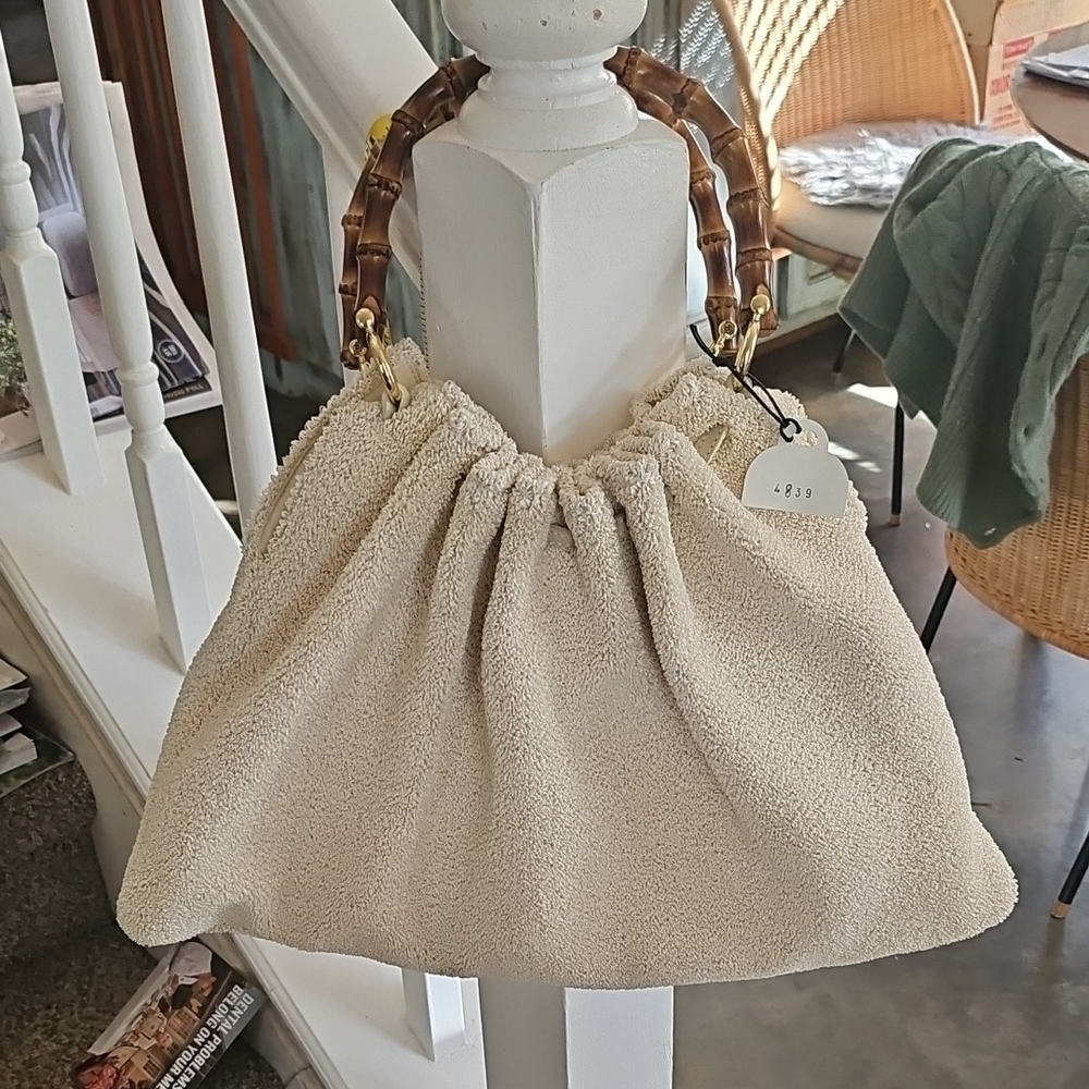 New W Tag Stunning Catarina Bertini Italy Ruched Straw Handbag Bamboo Handles